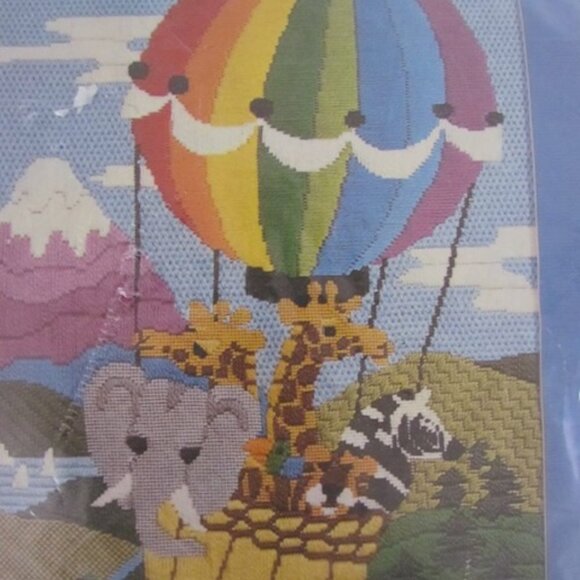 Vintage Needlepoint Kit Animals Hot Air Balloon Paternayan Embroidery Tapestry - Picture 1 of 10